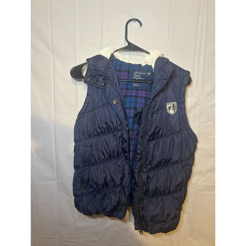 VTG 2009 American Eagle Hooded Puffer Vest L Gorpcore Plaid Flannel Sherpa Trim